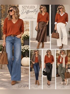 Maxsport long -Sleeve V-Neck Embellished Sweater - Rust beaded